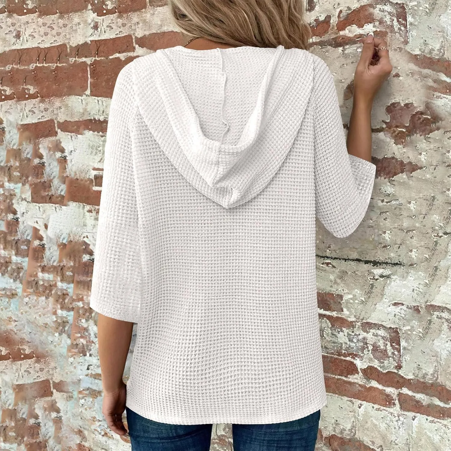 3/4 Length Sleeve Spring Tops for Women 2025 Waffle Knit Hooded Shirts Drawstring Buttons V Neck Blouses Comfy Clothes