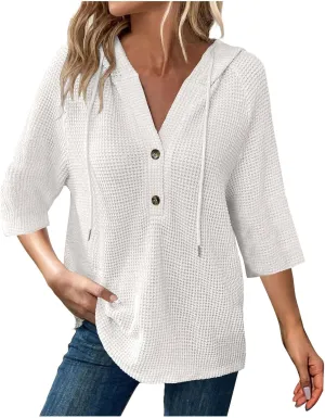 3/4 Length Sleeve Spring Tops for Women 2025 Waffle Knit Hooded Shirts Drawstring Buttons V Neck Blouses Comfy Clothes