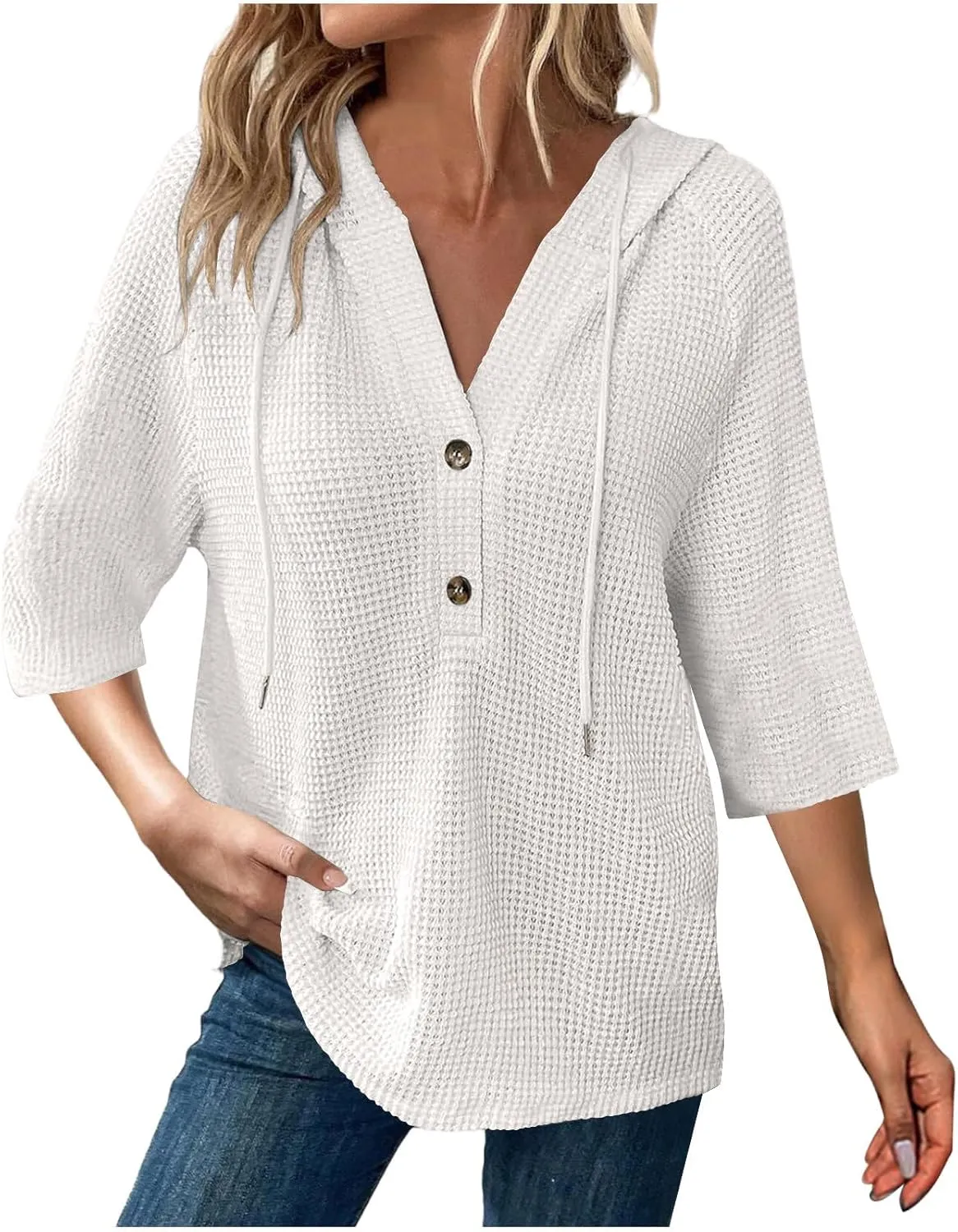 3/4 Length Sleeve Spring Tops for Women 2025 Waffle Knit Hooded Shirts Drawstring Buttons V Neck Blouses Comfy Clothes