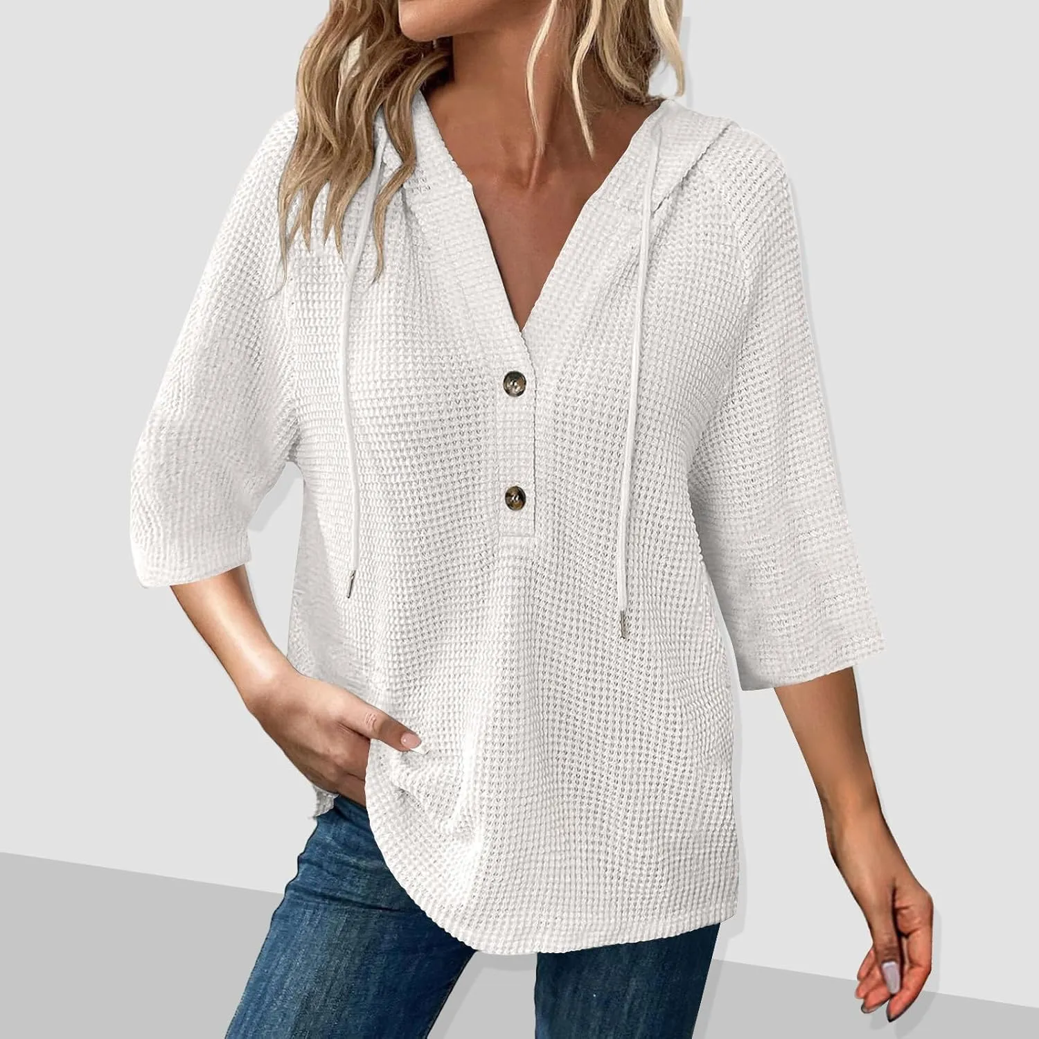 3/4 Length Sleeve Spring Tops for Women 2025 Waffle Knit Hooded Shirts Drawstring Buttons V Neck Blouses Comfy Clothes