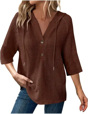 3/4 Length Sleeve Spring Tops for Women 2025 Waffle Knit Hooded Shirts Drawstring Buttons V Neck Blouses Comfy Clothes