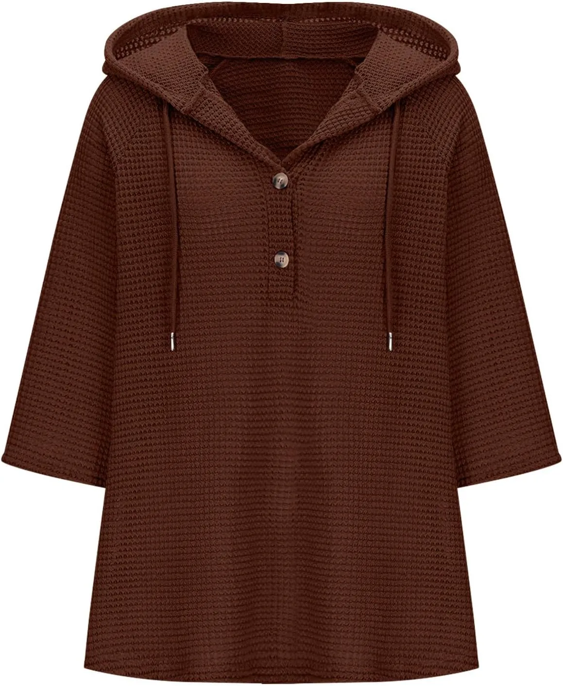 3/4 Length Sleeve Spring Tops for Women 2025 Waffle Knit Hooded Shirts Drawstring Buttons V Neck Blouses Comfy Clothes