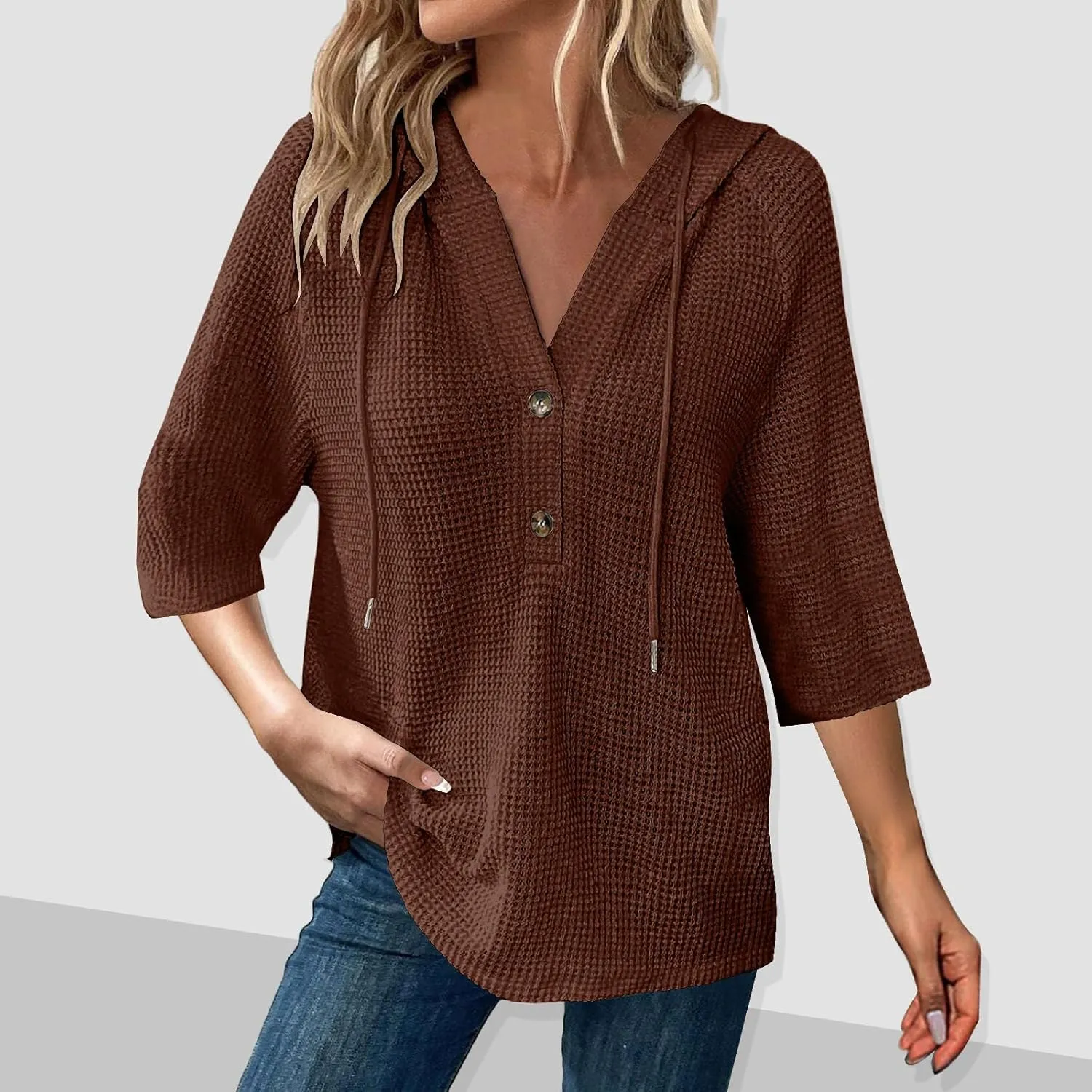 3/4 Length Sleeve Spring Tops for Women 2025 Waffle Knit Hooded Shirts Drawstring Buttons V Neck Blouses Comfy Clothes