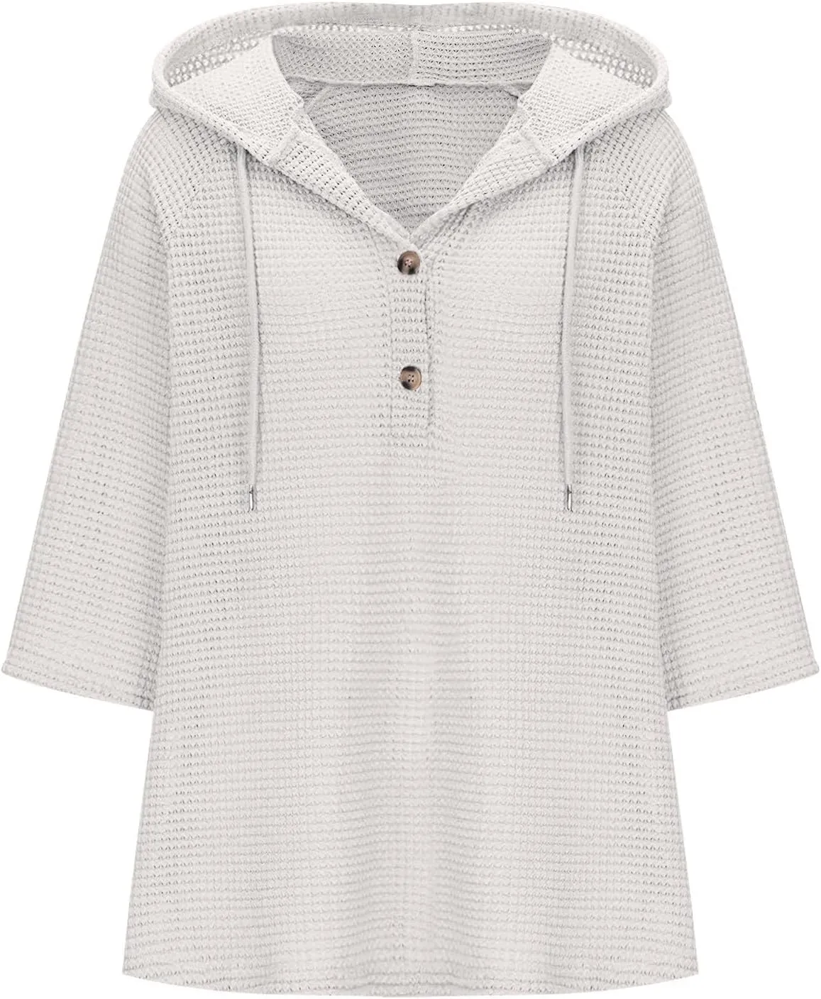 3/4 Length Sleeve Spring Tops for Women 2025 Waffle Knit Hooded Shirts Drawstring Buttons V Neck Blouses Comfy Clothes