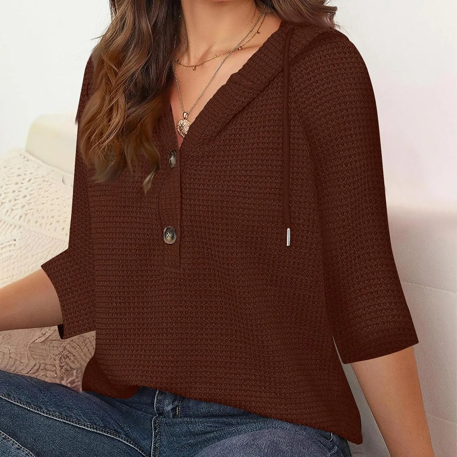 3/4 Length Sleeve Spring Tops for Women 2025 Waffle Knit Hooded Shirts Drawstring Buttons V Neck Blouses Comfy Clothes