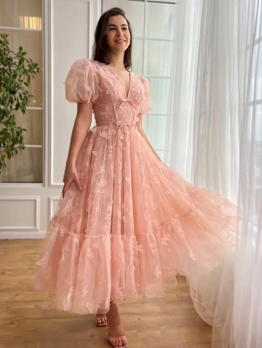 3D Butterfly Tulle Prom Dress for Teens Lace Tea Length Princess Homecoming Dresses Short Sleeve Party Gown