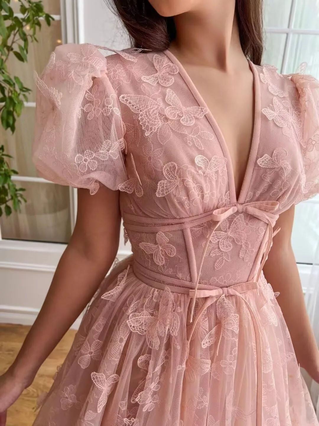3D Butterfly Tulle Prom Dress for Teens Lace Tea Length Princess Homecoming Dresses Short Sleeve Party Gown