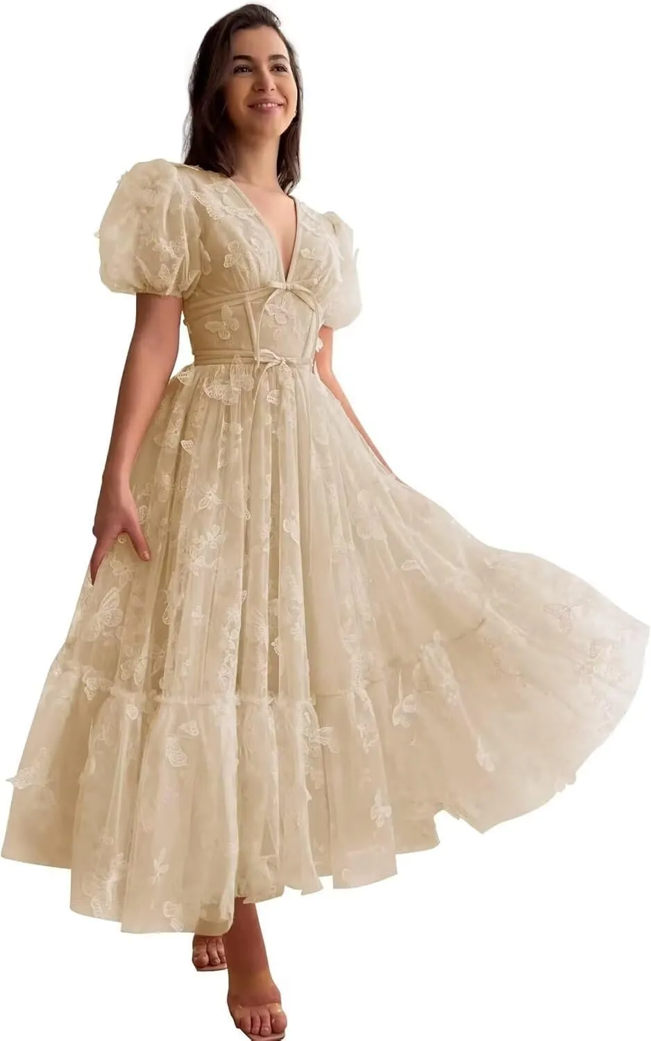 3D Butterfly Tulle Prom Dress for Teens Lace Tea Length Princess Homecoming Dresses Short Sleeve Party Gown