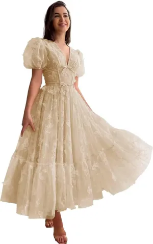 3D Butterfly Tulle Prom Dress for Teens Lace Tea Length Princess Homecoming Dresses Short Sleeve Party Gown