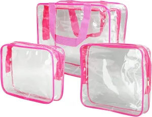 3Pcs Crystal Clear PVC Travel Toiletry Bag Kit,Clear Plastic Tote Bags, Waterproof Transparent with Handle Straps Cosmetic Bag Pouch Carry (Rose Red)