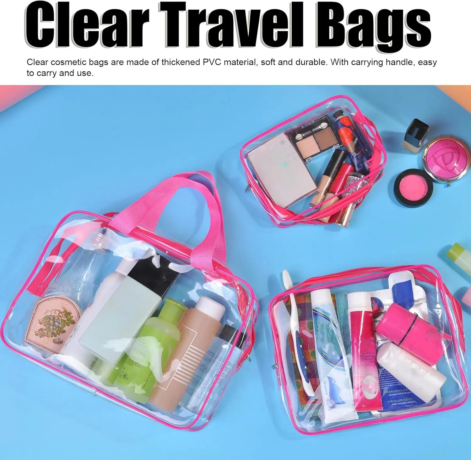 3Pcs Crystal Clear PVC Travel Toiletry Bag Kit,Clear Plastic Tote Bags, Waterproof Transparent with Handle Straps Cosmetic Bag Pouch Carry (Rose Red)