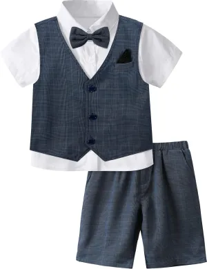 A&J DESIGN Boys' 3-Piece Suits Set Vest & Pocket Square & Shorts & Bow Tie (4-11 Years)