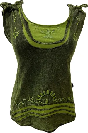 Agan Traders 2025 Summer Boho Knit Stonewashed Womens Sleeveless Blouse - Wide Strap Embroidered Tie-dye Tank Top Blouses