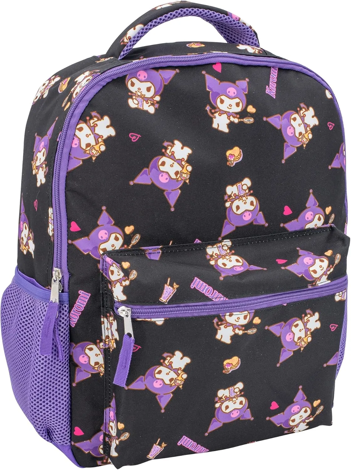 AI ACCESSORY INNOVATIONS Hello Kitty 16 Backpack With Front Pocket for Girls, Allover Print Bookbag featuring Kuromi, Black