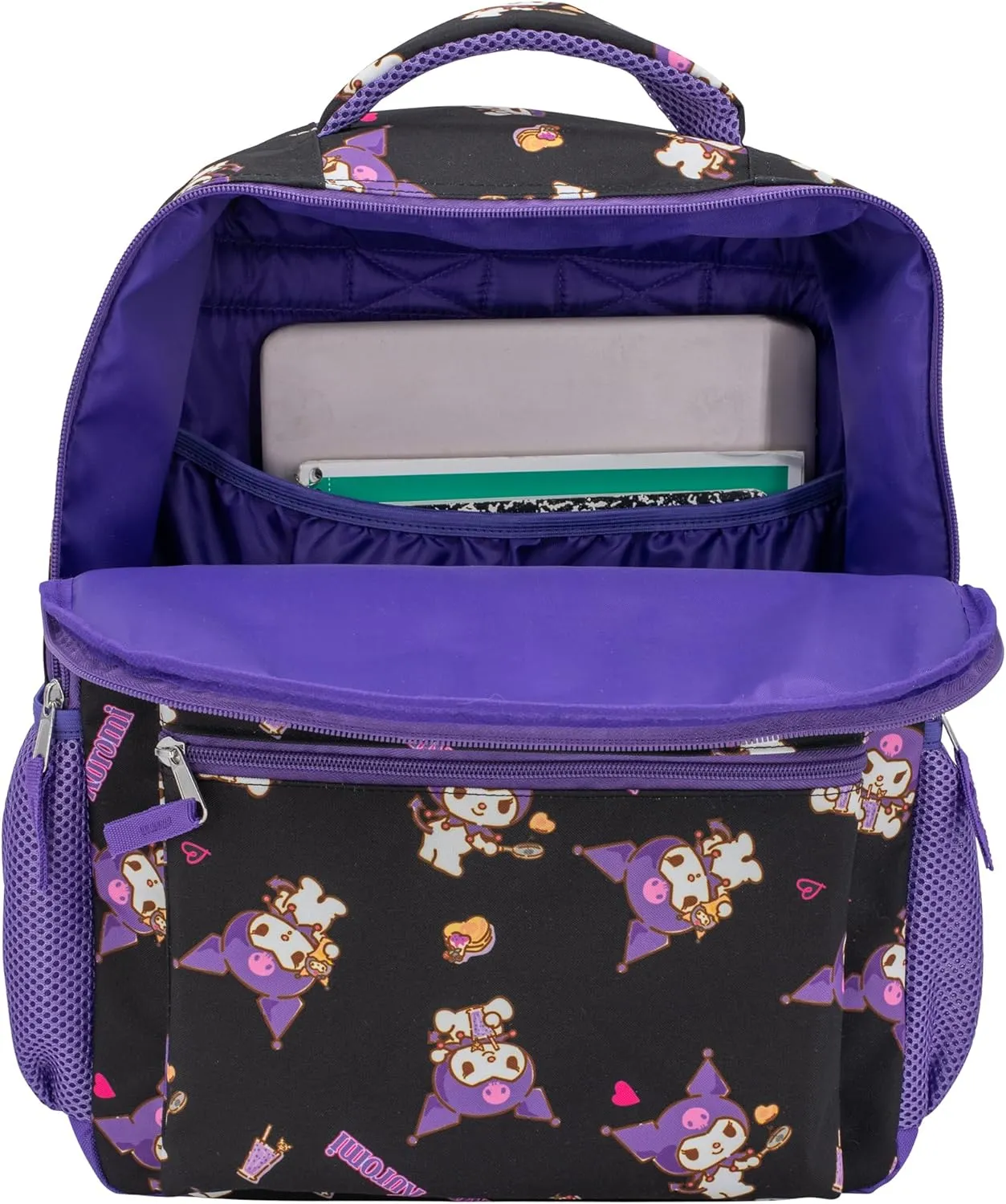 AI ACCESSORY INNOVATIONS Hello Kitty 16 Backpack With Front Pocket for Girls, Allover Print Bookbag featuring Kuromi, Black