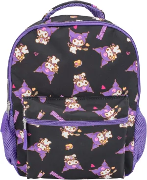 AI ACCESSORY INNOVATIONS Hello Kitty 16 Backpack With Front Pocket for Girls, Allover Print Bookbag featuring Kuromi, Black