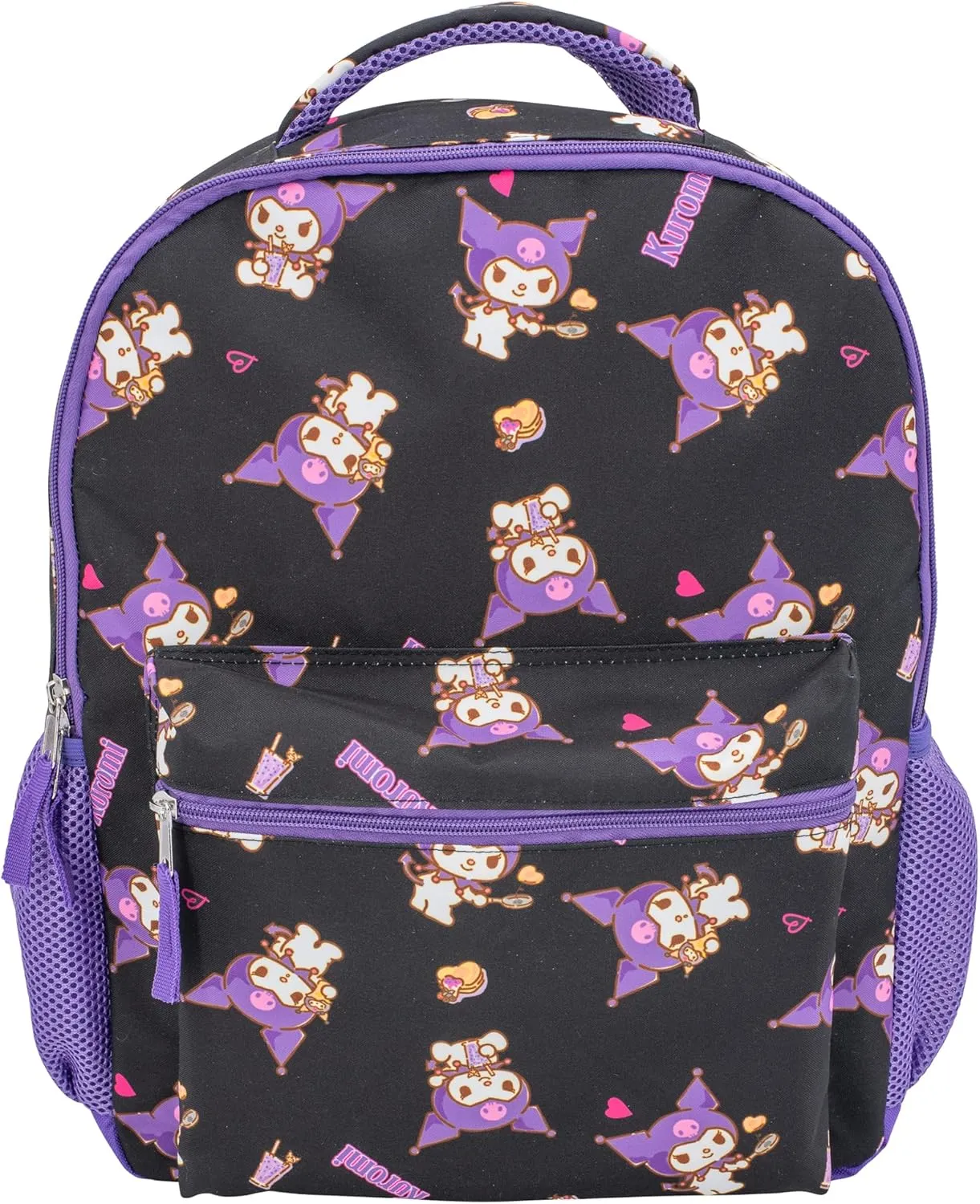 AI ACCESSORY INNOVATIONS Hello Kitty 16 Backpack With Front Pocket for Girls, Allover Print Bookbag featuring Kuromi, Black