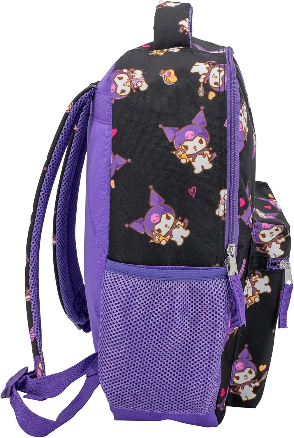 AI ACCESSORY INNOVATIONS Hello Kitty 16 Backpack With Front Pocket for Girls, Allover Print Bookbag featuring Kuromi, Black
