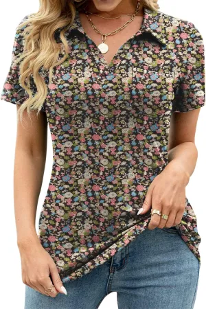 AKEWEI Womens V Neck Polo Shirts Short Sleeve Collared Tops Loose Casual Tunic Blouses with Pocket