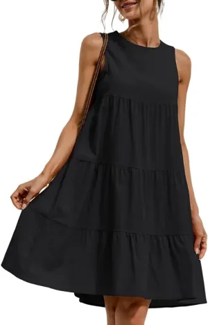 Akivide Women's Summer Cotton Linen Sleeveless Tank Dress Crew Neck Casual Loose Tunic A Line Beach Dresses