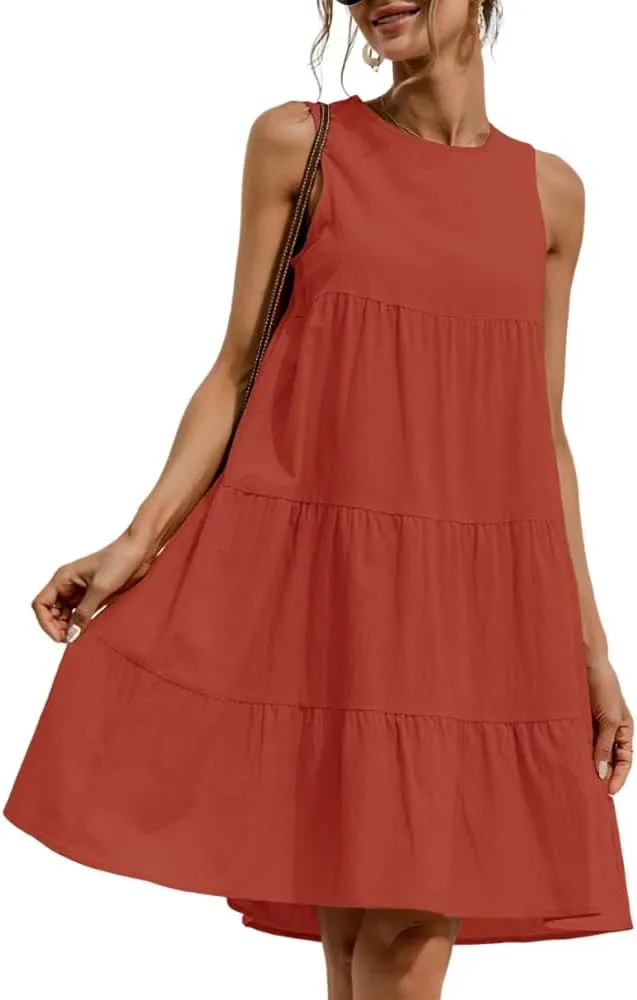 Akivide Women's Summer Cotton Linen Sleeveless Tank Dress Crew Neck Casual Loose Tunic A Line Beach Dresses