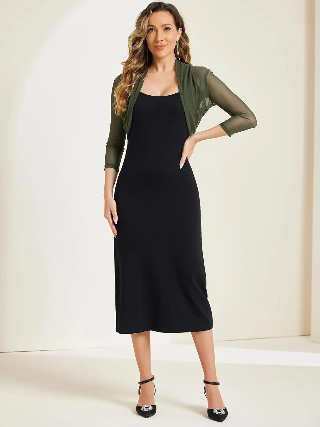 Allegra K Women's 3/4 Sleeve Sheer Mesh Shrug Open Front Cropped Bolero Cardigan