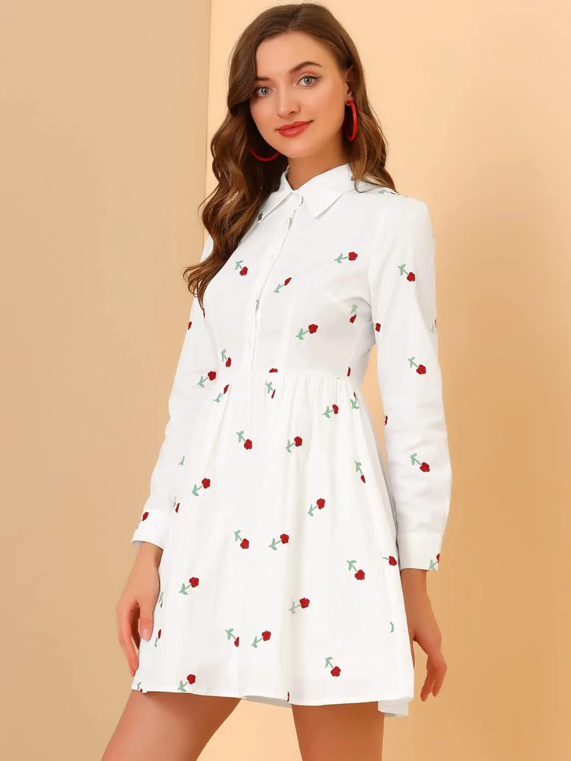 Allegra K Women's Casual Shirt Dress Long Sleeve Half Placket Embroidered Floral Mini Dresses
