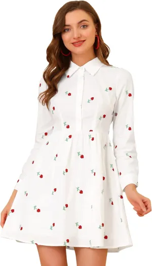 Allegra K Women's Casual Shirt Dress Long Sleeve Half Placket Embroidered Floral Mini Dresses