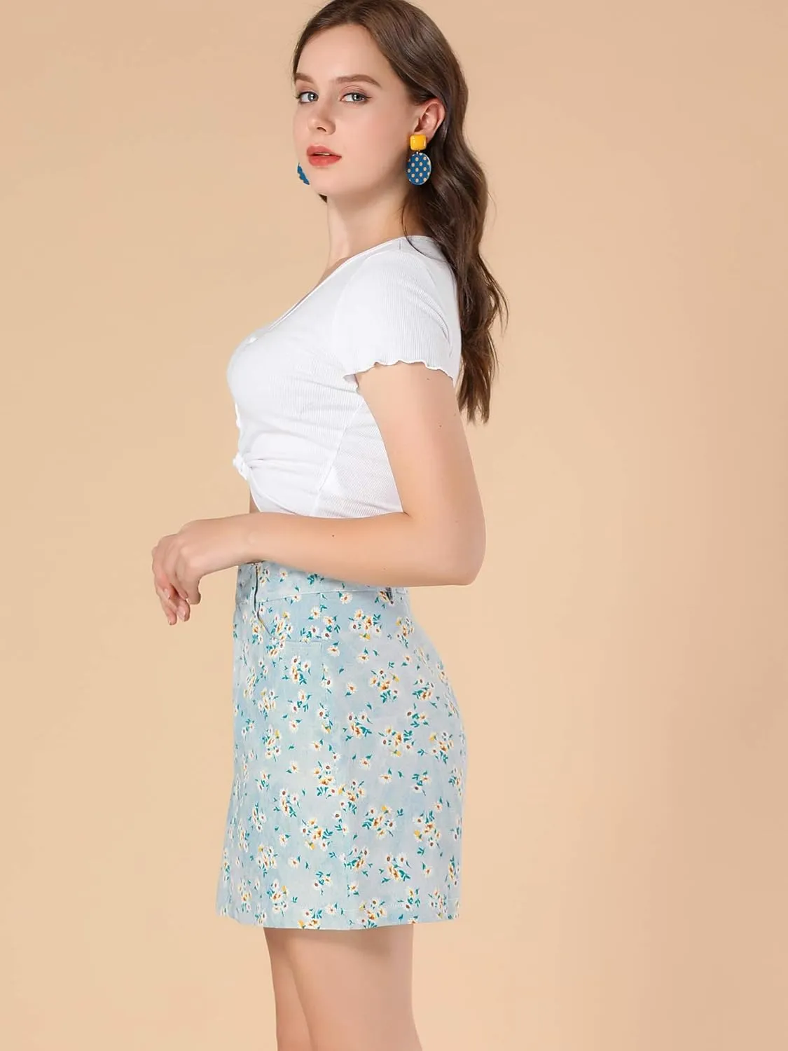 Allegra K Women's Daisy Floral Pockets A-Line Chambray Mini Skirt