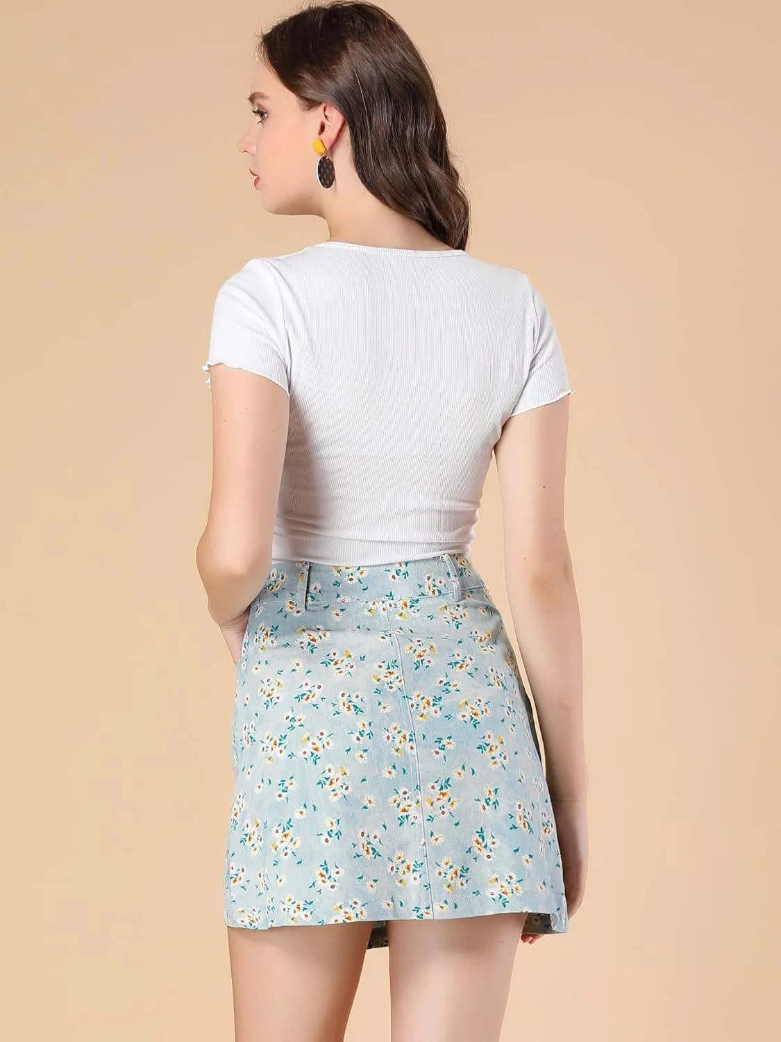 Allegra K Women's Daisy Floral Pockets A-Line Chambray Mini Skirt