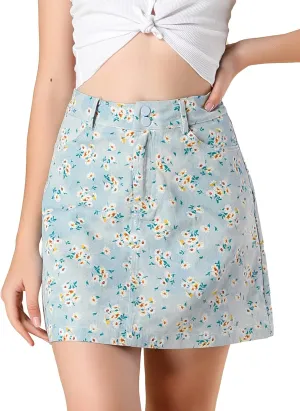 Allegra K Women's Daisy Floral Pockets A-Line Chambray Mini Skirt