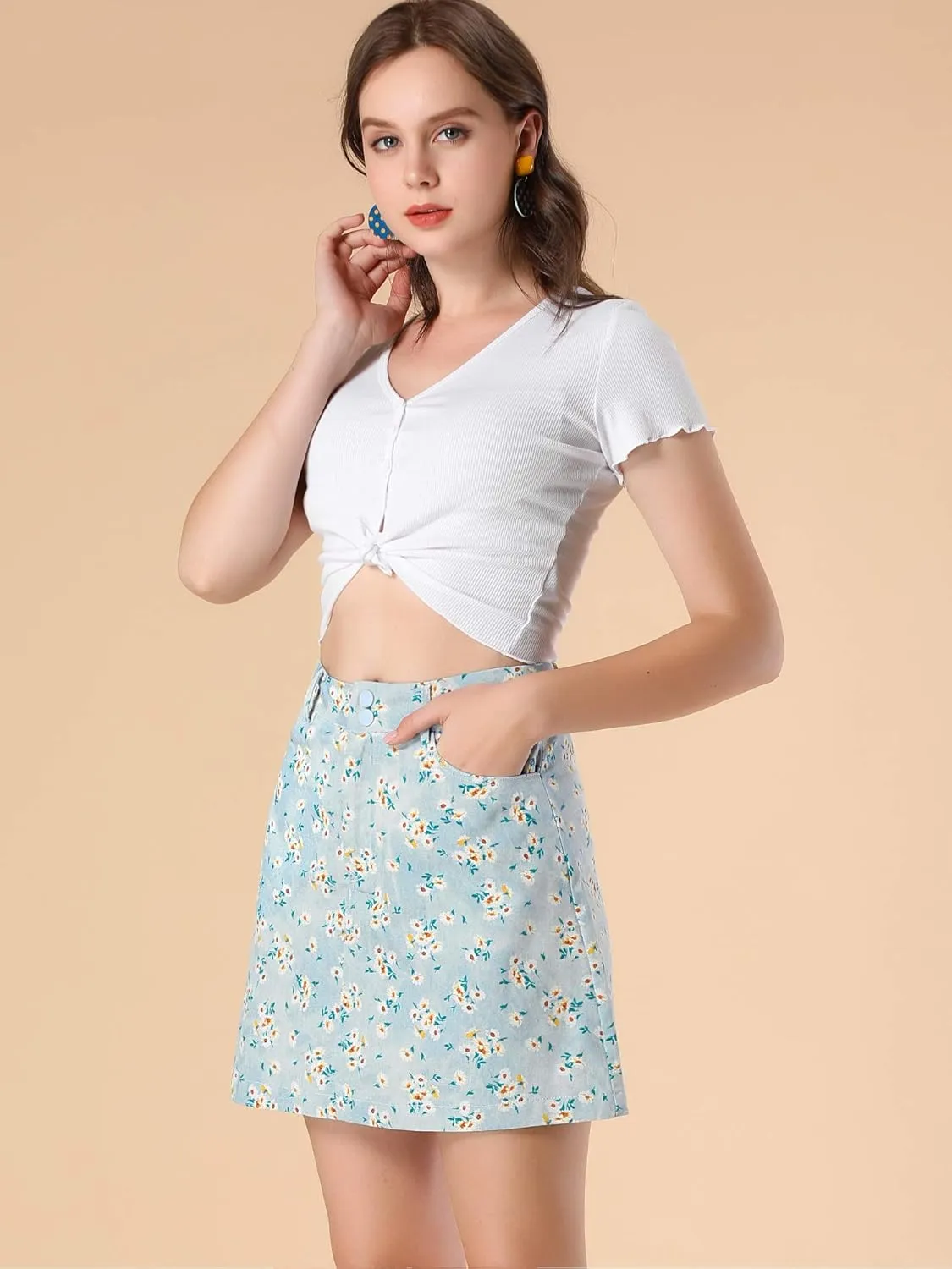 Allegra K Women's Daisy Floral Pockets A-Line Chambray Mini Skirt