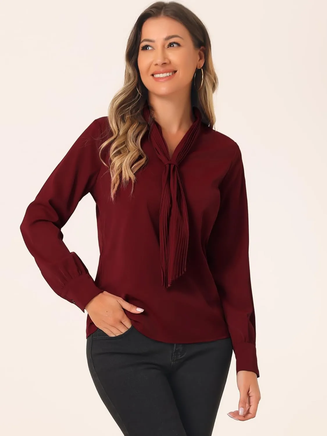Allegra K Women's Dressy Long Sleeve Blouses Chiffon Pleated Tie Neck Office Top Shirt