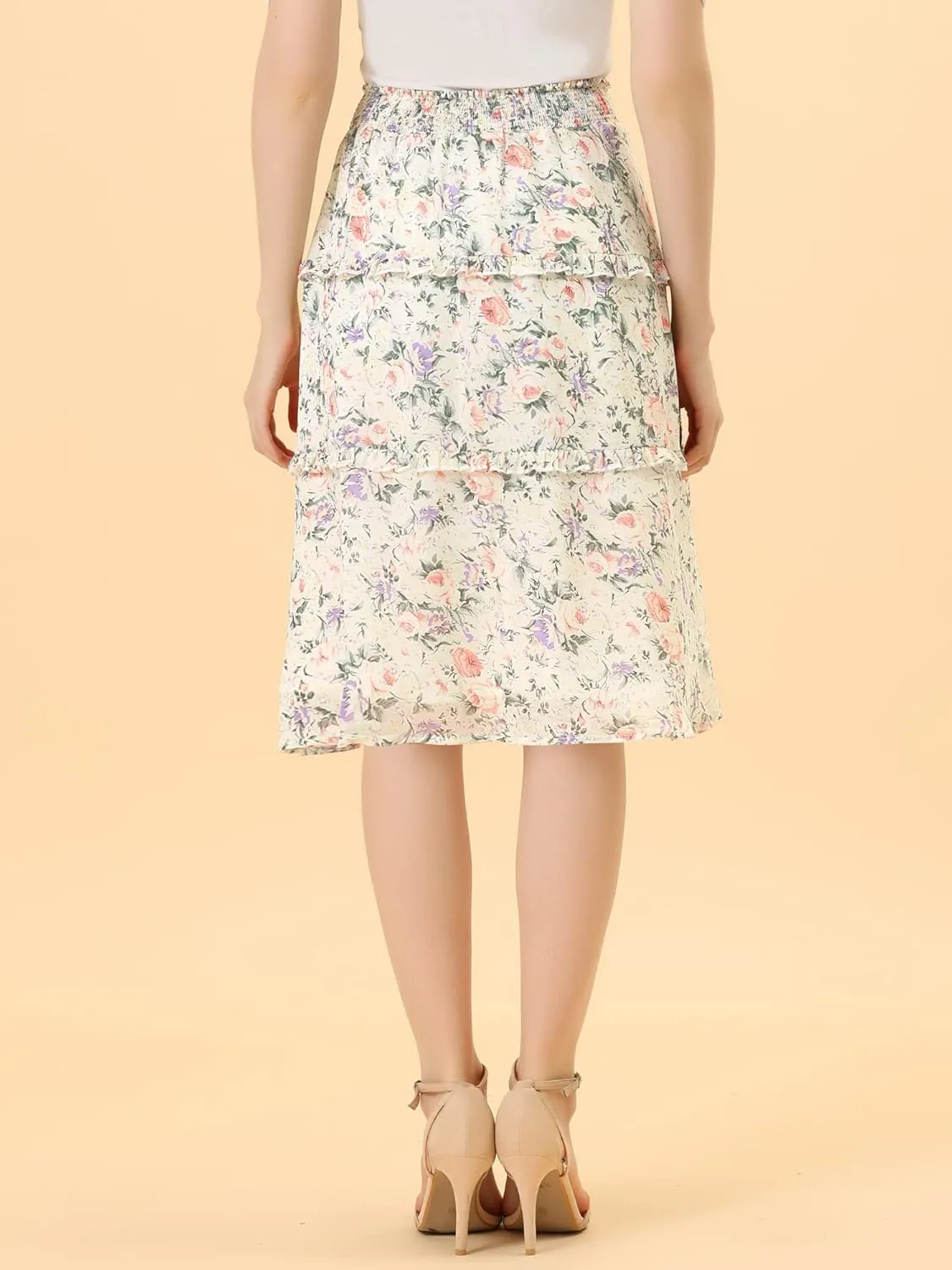 Allegra K Women's Floral Skirts Summer Chiffon Smocked Elastic Waist A-Line Below Knee Length Ruffle Tiered Skirt