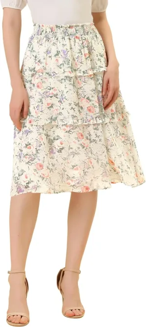 Allegra K Women's Floral Skirts Summer Chiffon Smocked Elastic Waist A-Line Below Knee Length Ruffle Tiered Skirt