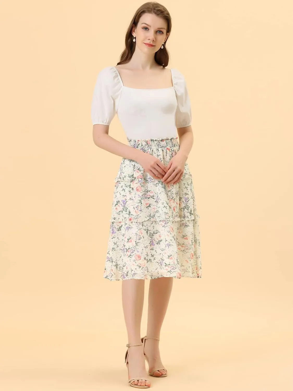 Allegra K Women's Floral Skirts Summer Chiffon Smocked Elastic Waist A-Line Below Knee Length Ruffle Tiered Skirt