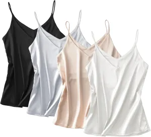 Anbenser Silk Tank Tops for Women Satin Camisoles V Neck Spaghetti Strap Cami Sleeveless Blouses 4 Pack