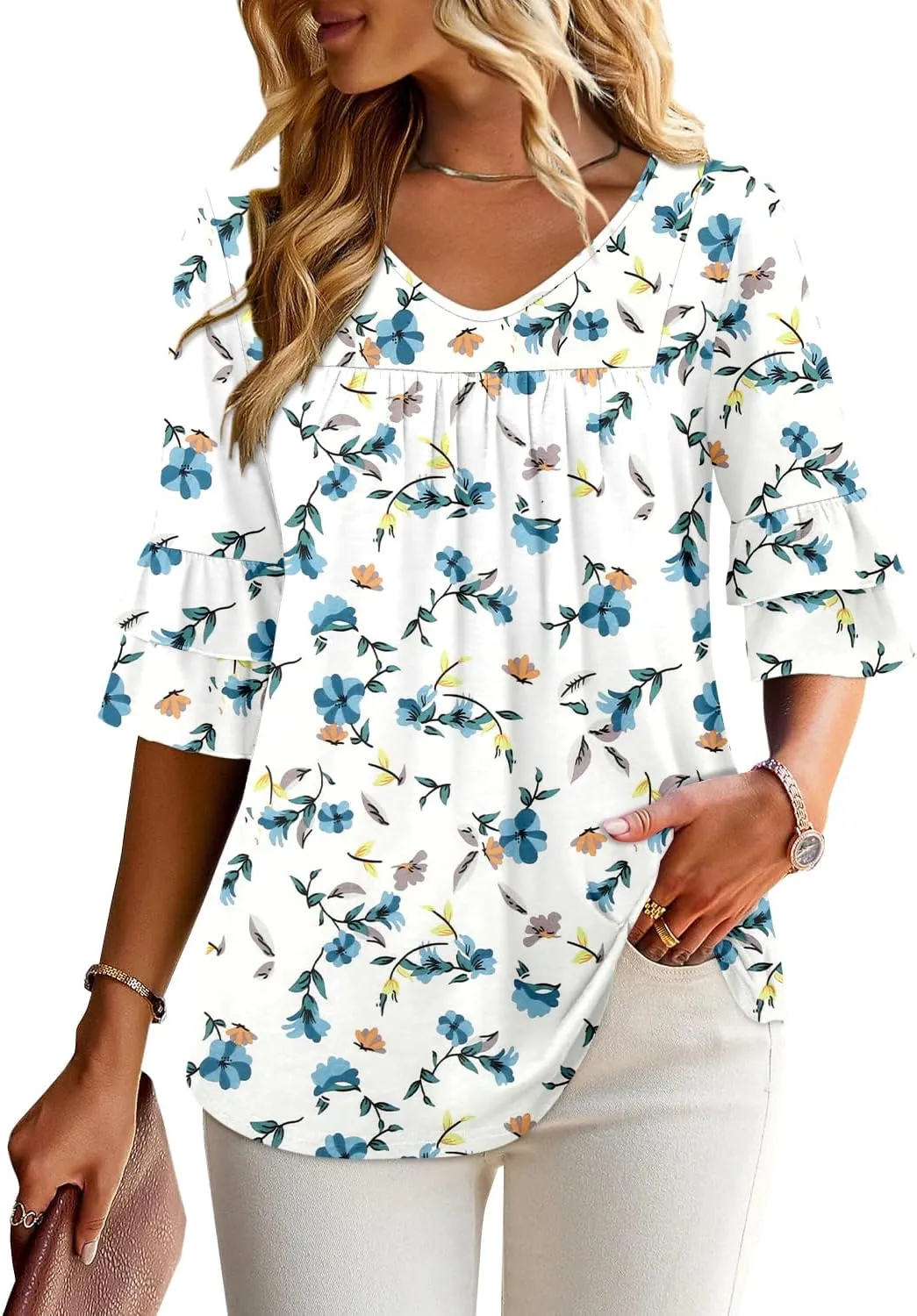 Angerella 3/4 Length Sleeve Womens Tops Dressy Casual Blouses Loose Fit Tunic Tops V Neck T Shirts Spring Summer Outfits