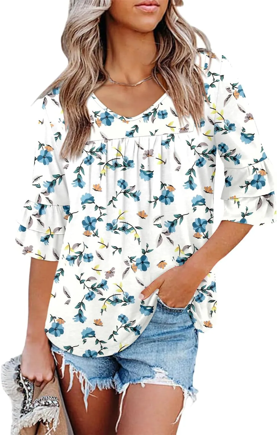 Angerella 3/4 Length Sleeve Womens Tops Dressy Casual Blouses Loose Fit Tunic Tops V Neck T Shirts Spring Summer Outfits