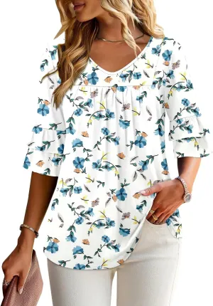 Angerella 3/4 Length Sleeve Womens Tops Dressy Casual Blouses Loose Fit Tunic Tops V Neck T Shirts Spring Summer Outfits