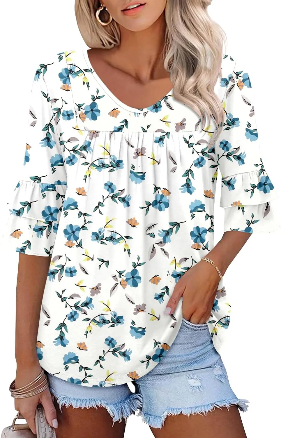 Angerella 3/4 Length Sleeve Womens Tops Dressy Casual Blouses Loose Fit Tunic Tops V Neck T Shirts Spring Summer Outfits