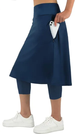 ANIVIVO Women Long Knee Length Skirt with Capris Leggings,Skirted Leggings with High Waisted Zipper Pockets