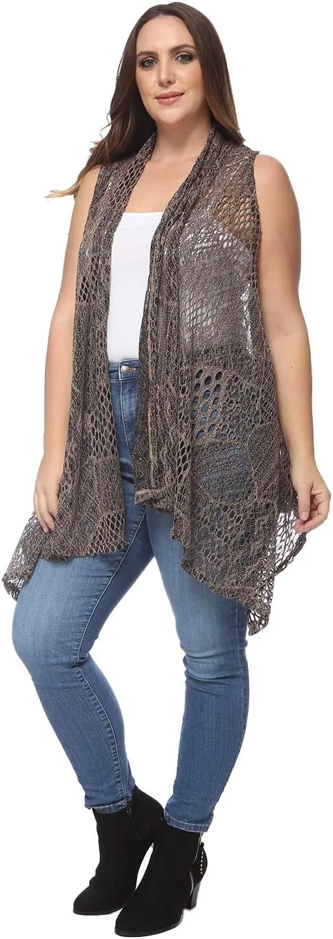 Anna-Kaci Women's Plus Size Bohemian Draped Open Front Crochet Bikini Cover Up Cardigan Vest