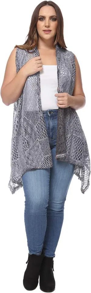 Anna-Kaci Women's Plus Size Bohemian Draped Open Front Crochet Bikini Cover Up Cardigan Vest