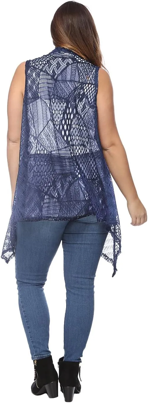 Anna-Kaci Women's Plus Size Bohemian Draped Open Front Crochet Bikini Cover Up Cardigan Vest