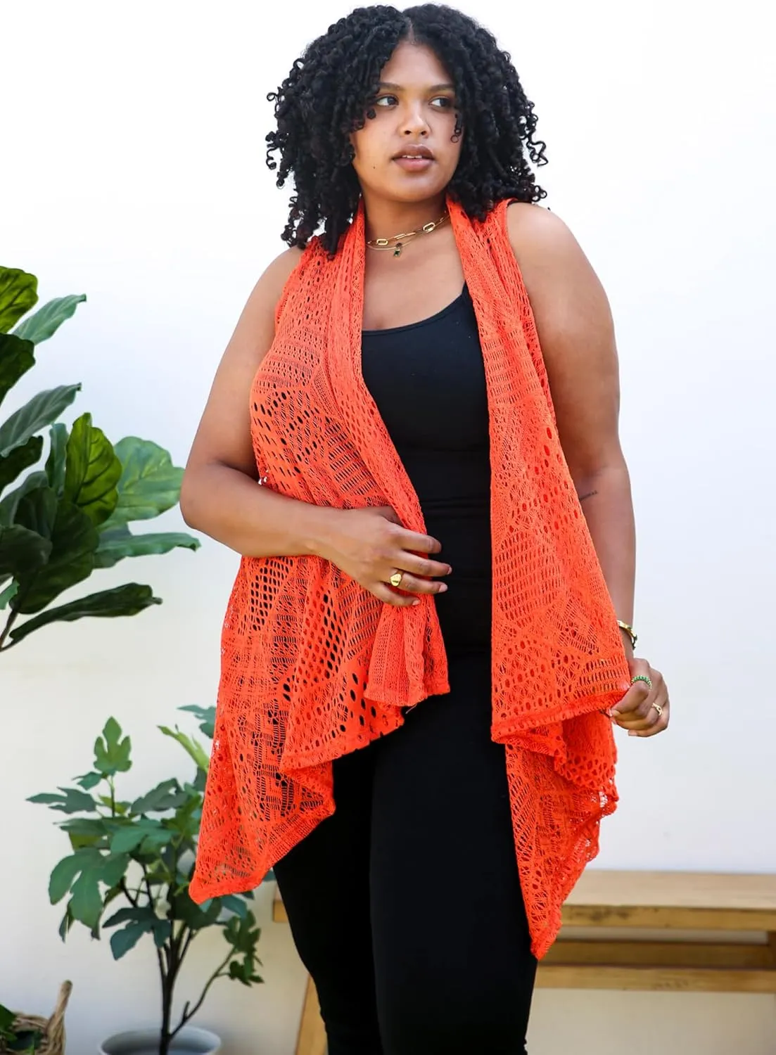 Anna-Kaci Women's Plus Size Bohemian Draped Open Front Crochet Bikini Cover Up Cardigan Vest