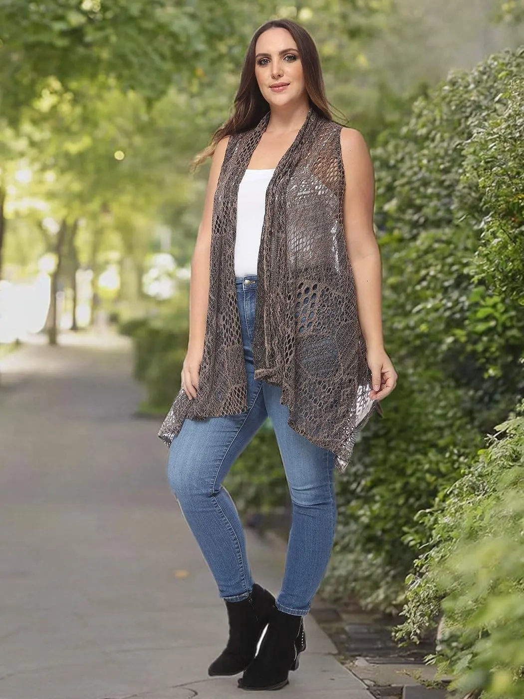 Anna-Kaci Women's Plus Size Bohemian Draped Open Front Crochet Bikini Cover Up Cardigan Vest