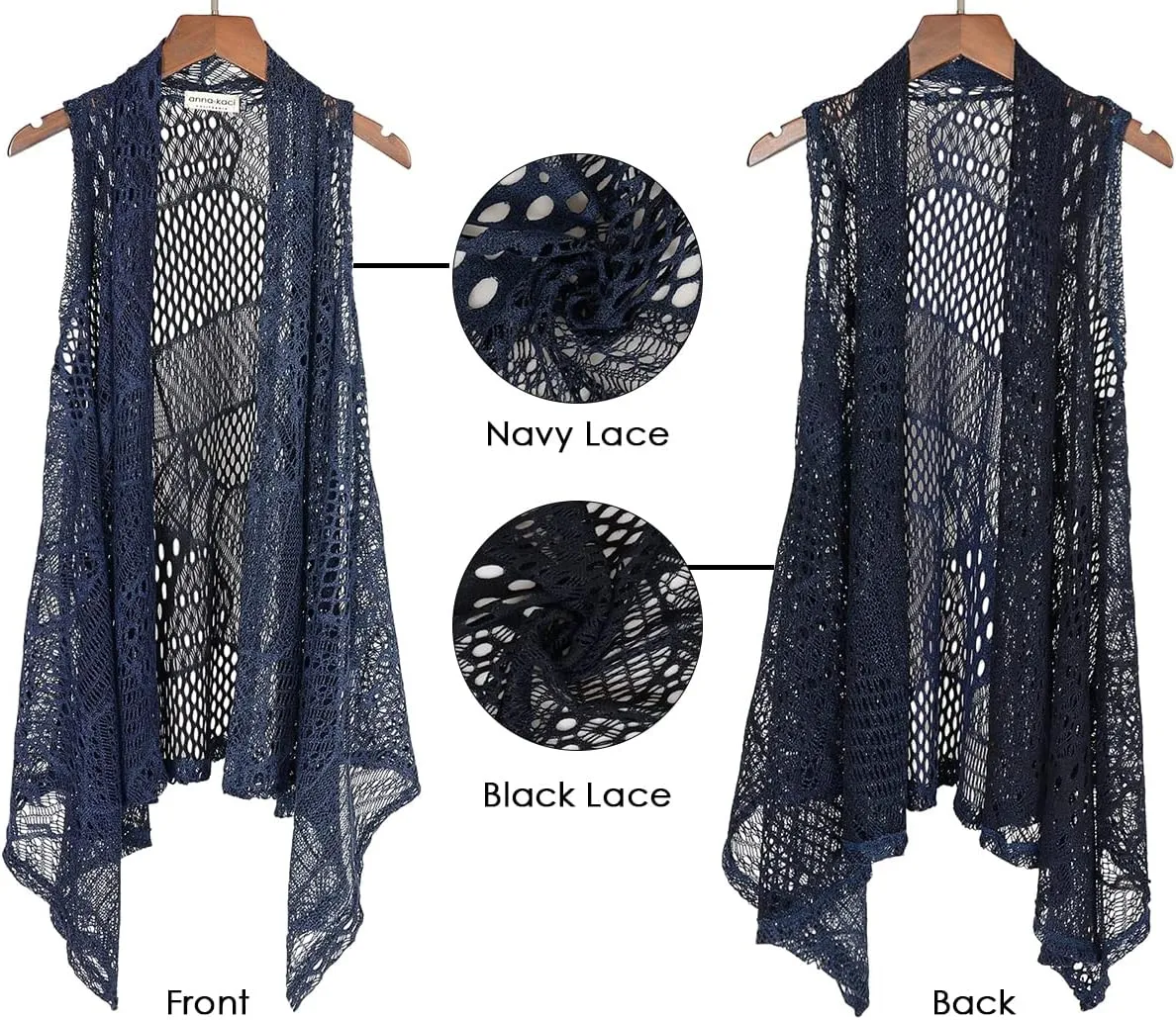 Anna-Kaci Women's Plus Size Bohemian Draped Open Front Crochet Bikini Cover Up Cardigan Vest
