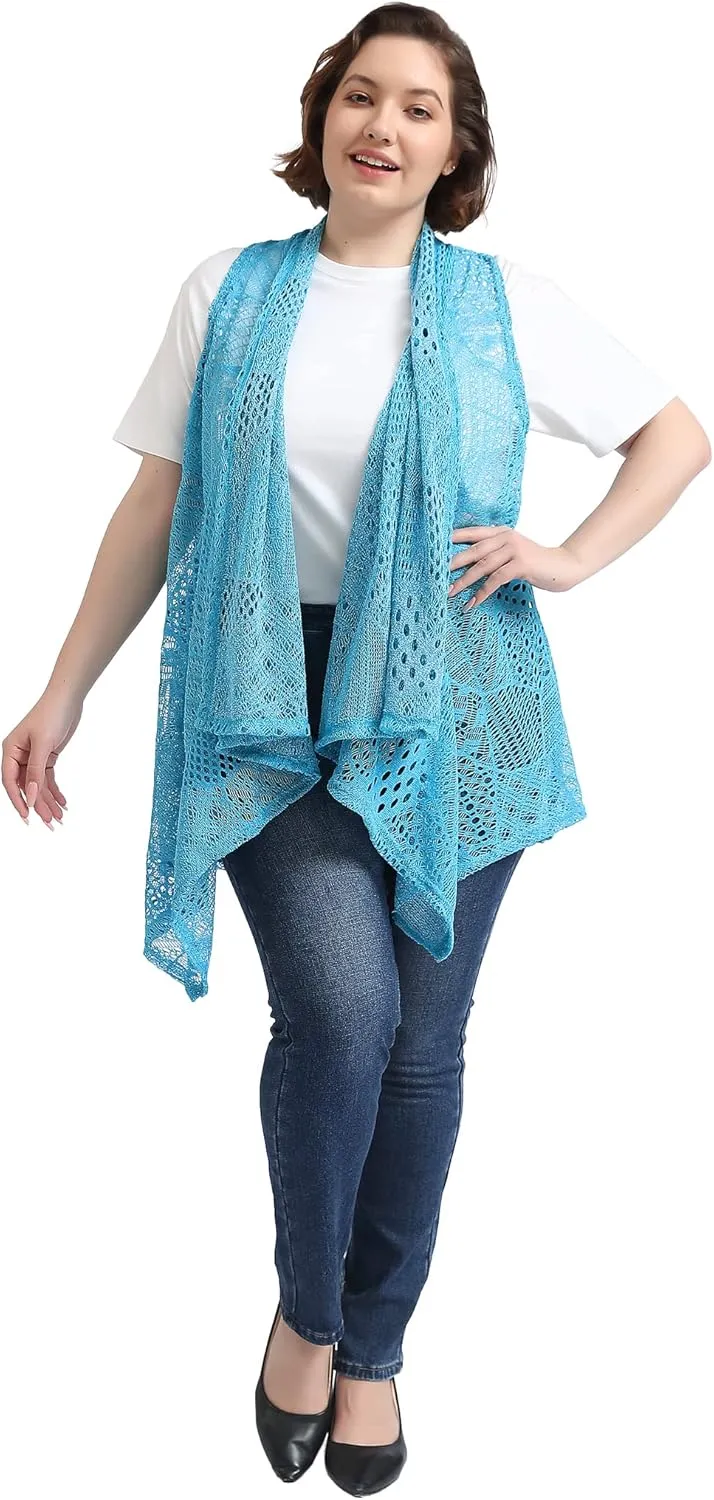 Anna-Kaci Women's Plus Size Bohemian Draped Open Front Crochet Bikini Cover Up Cardigan Vest