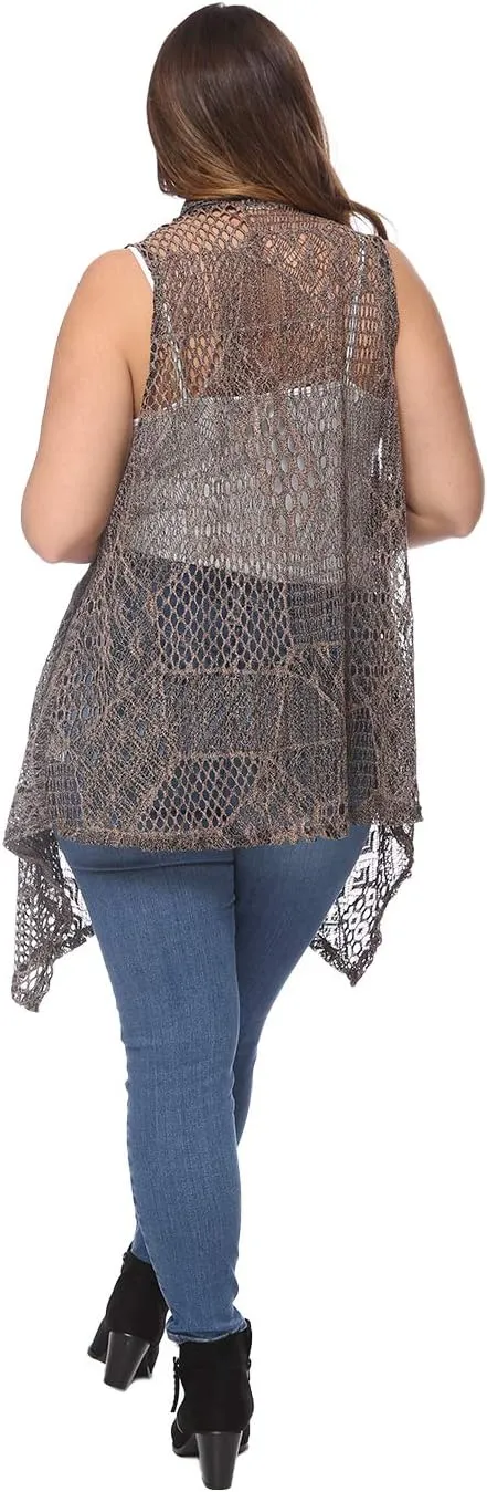 Anna-Kaci Women's Plus Size Bohemian Draped Open Front Crochet Bikini Cover Up Cardigan Vest
